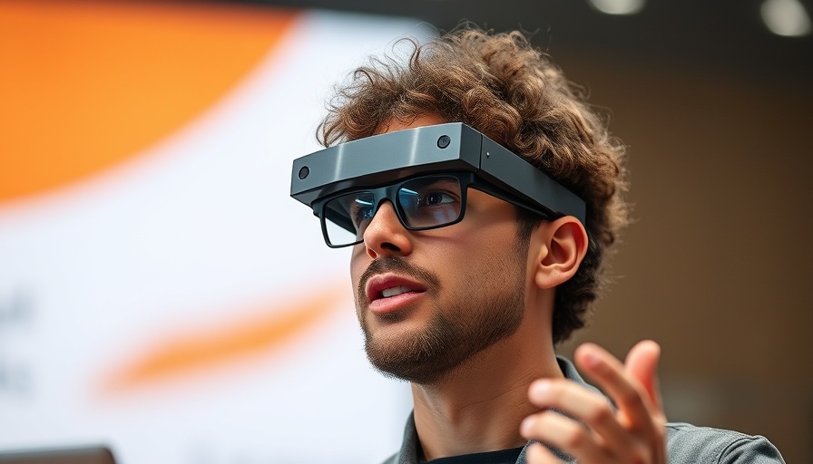 Person showcasing futuristic AR glasses in a tech conference setting.