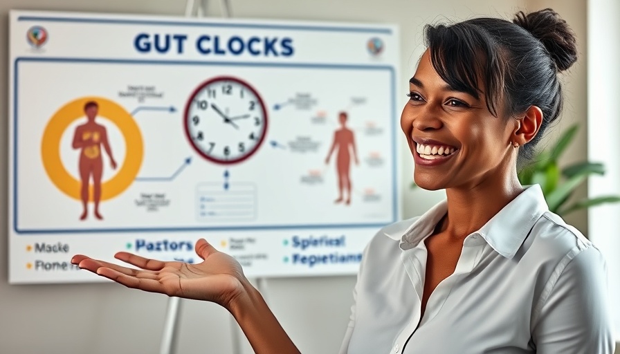 Smiling woman explaining gut clocks with diagram in bright setting.