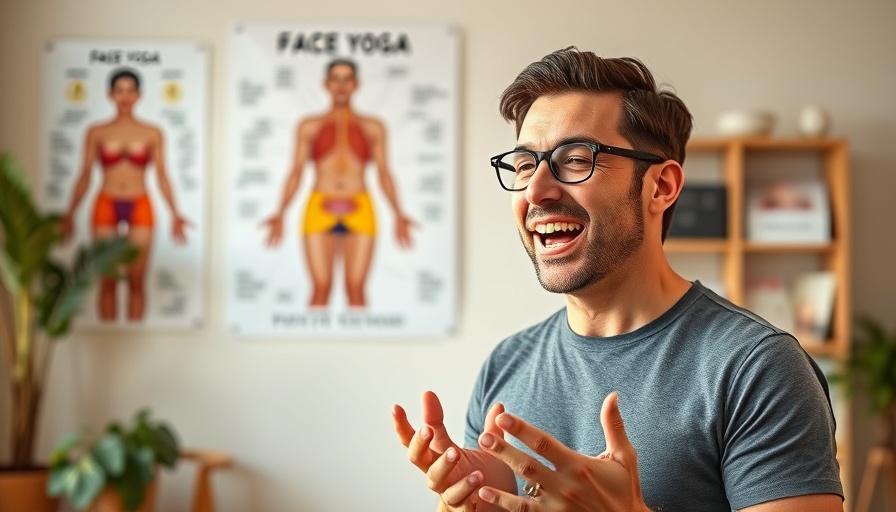 Presenter explains face yoga benefits for longevity, anatomy poster in background.