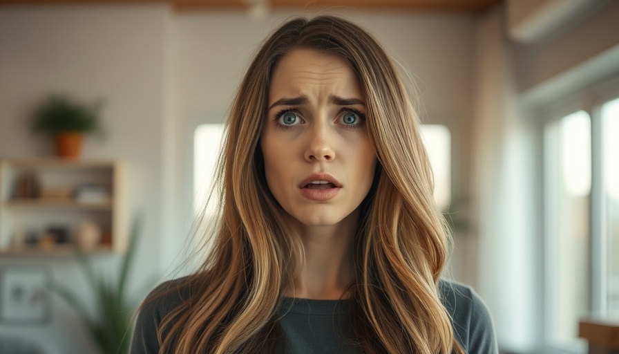 Surprised woman's expression highlights sunscreen aging concerns indoors.