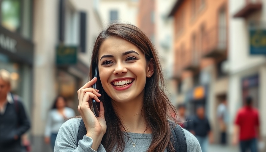 Cheerful woman discussing EMF exposure on her smartphone.