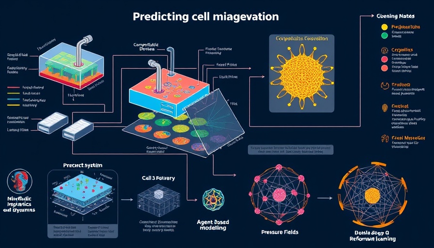 Diagram of predicting cell migration using AI and microfluidics.