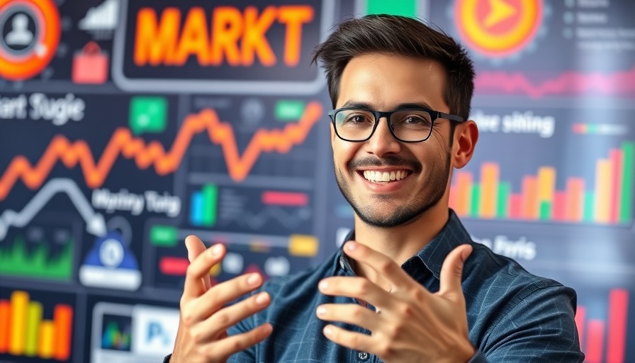 Smiling professional discussing Local SEO tips with colorful graphics.