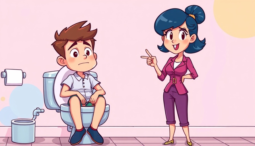Cartoon scene of man on toilet and woman pointing, humorous illustration.