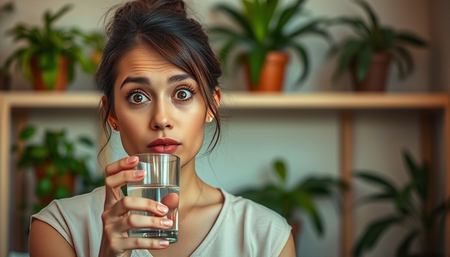 Woman with glass discussing health benefits of structured water.