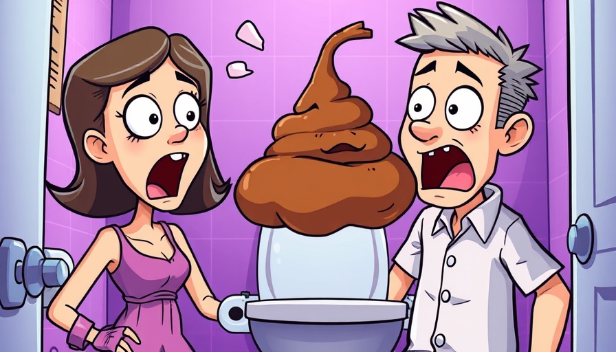 Humorous cartoon of surprised reactions to floating poop in a bathroom.