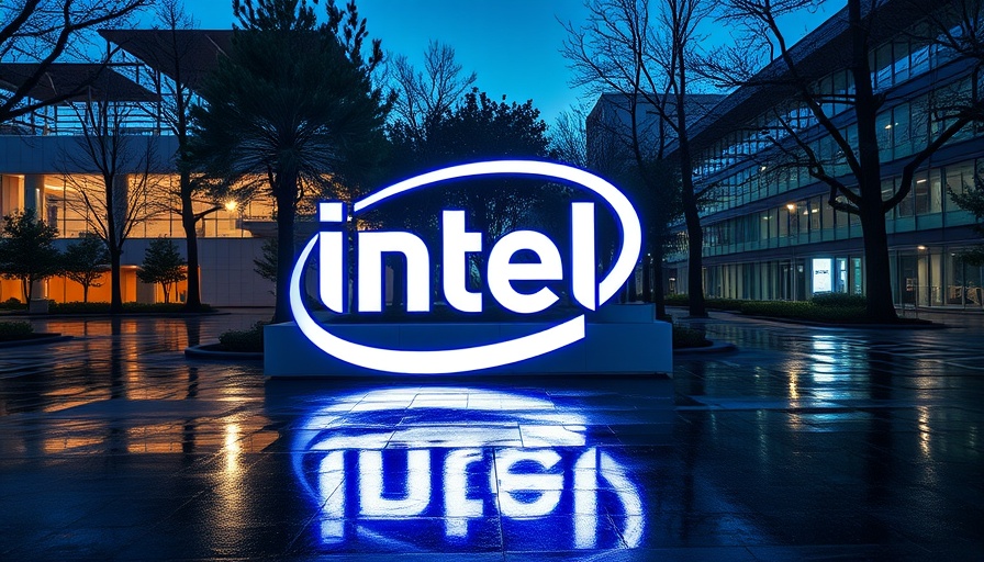 Intel sign illuminated at night in a modern campus, reflecting in rain.
