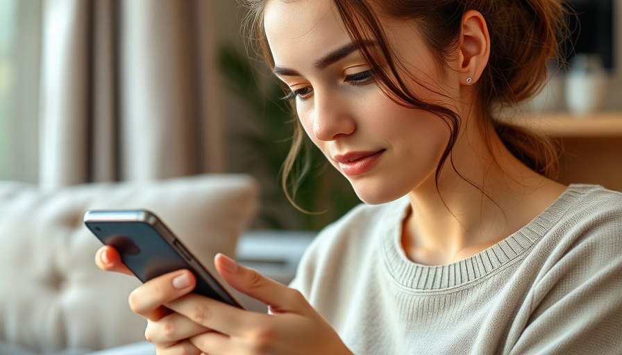 Woman discusses screen-related skin concerns with phone.