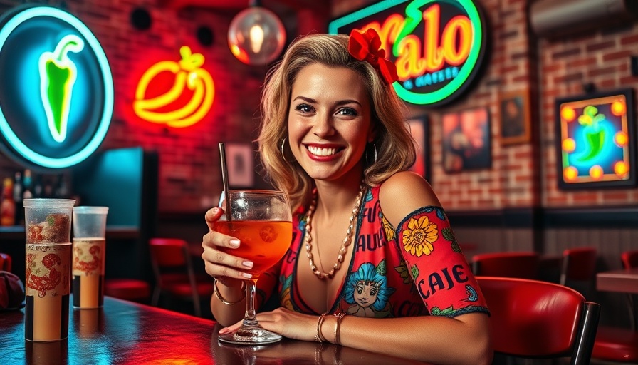 Woman in retro outfit at bar with neon sign, Nonplace threat in restaurant branding.