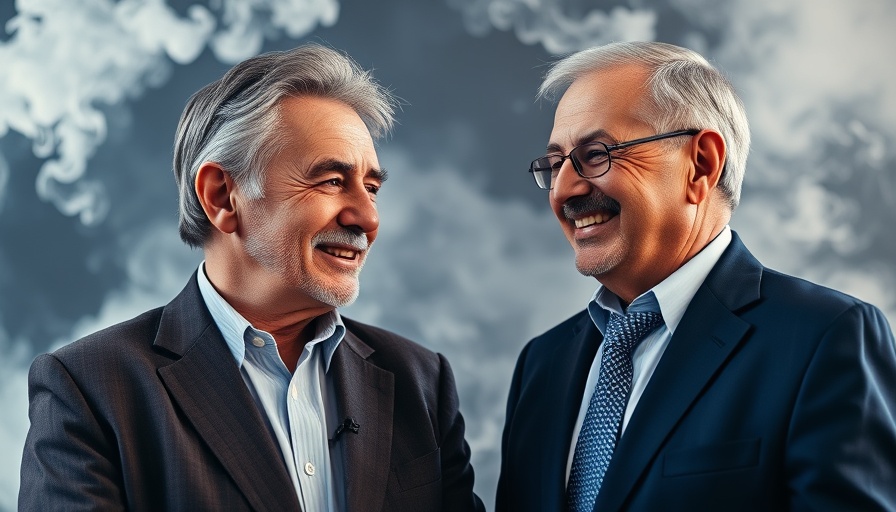 Mature and middle-aged men discussing longevity, abstract background.