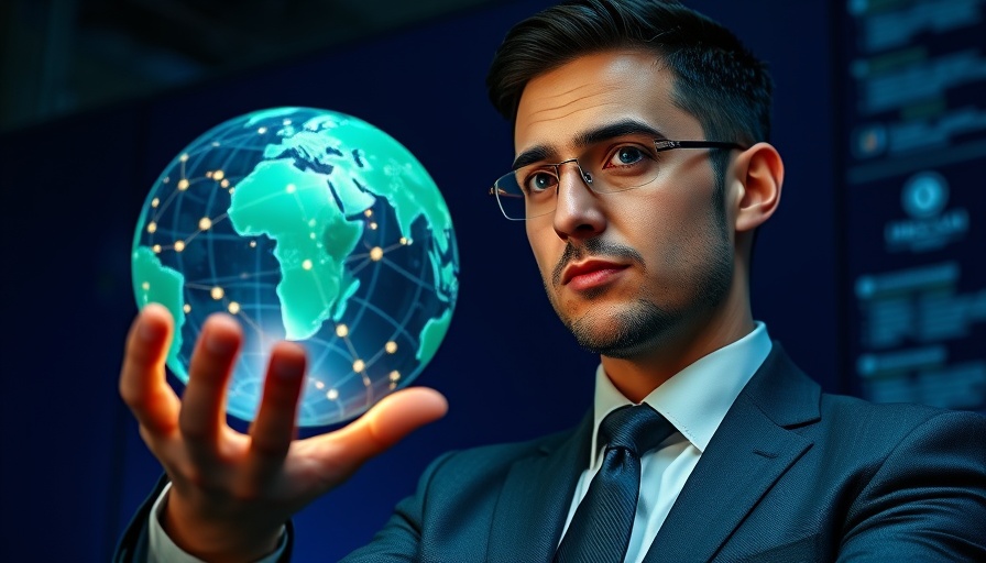 Business professional with glowing AI globe, local business marketing concept.