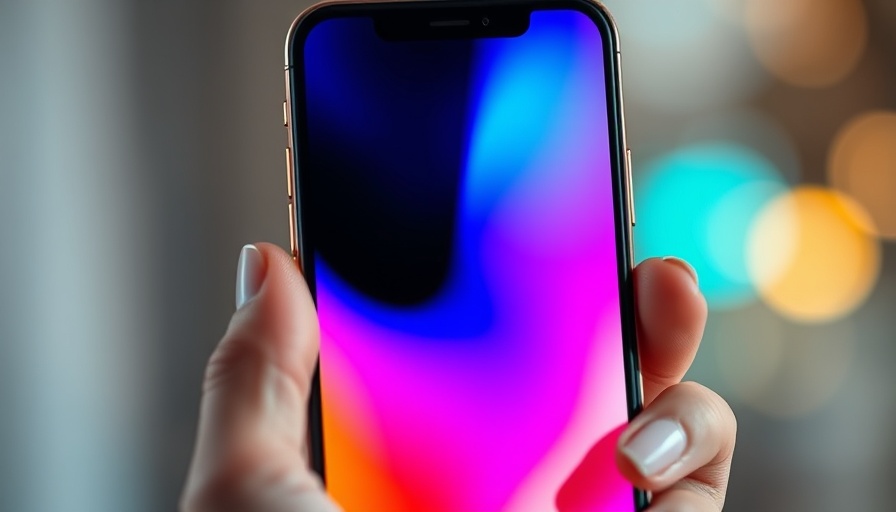 Sleek smartphone displaying vibrant gradients, held by a hand.