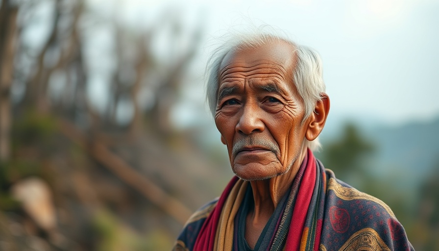 Elderly man with colorful outfit, serene expression