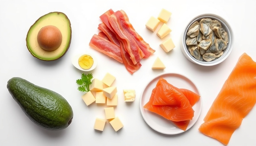 Assortment of grab-and-go keto snacks on white background.