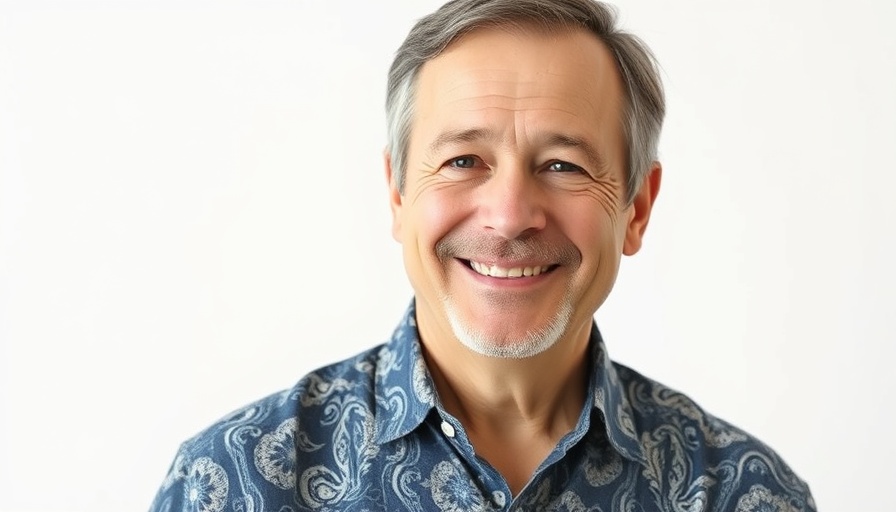 Smiling man in patterned shirt, studio portrait.