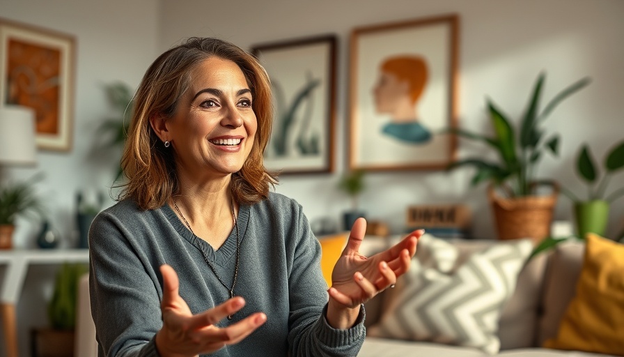 Woman discussing sound frequencies and health in a cozy living room