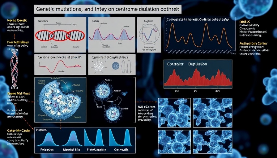 Scientific illustration on centrosome duplication and genetic mutations.