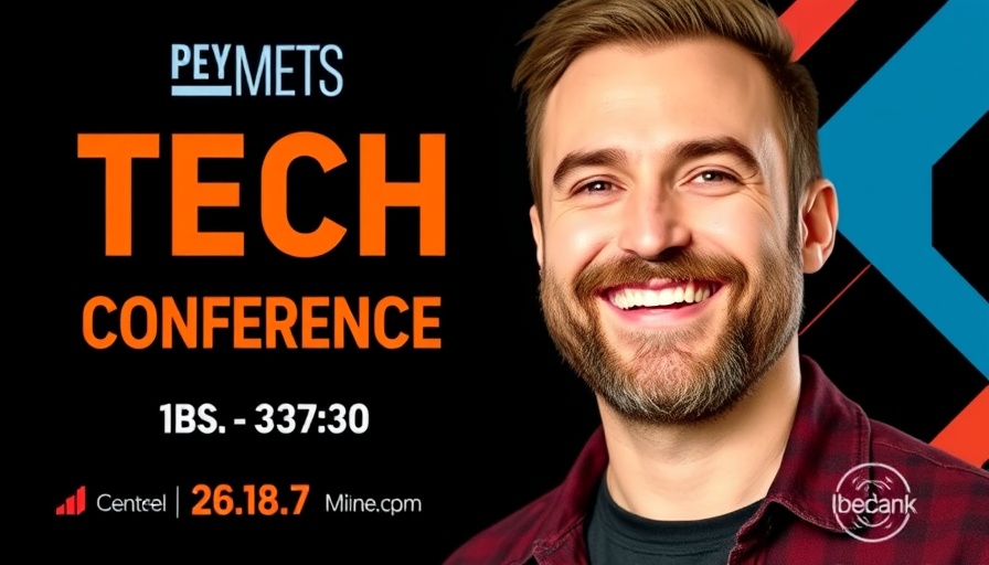 Modern promotional graphic of smiling man at tech conference with geometric accents.