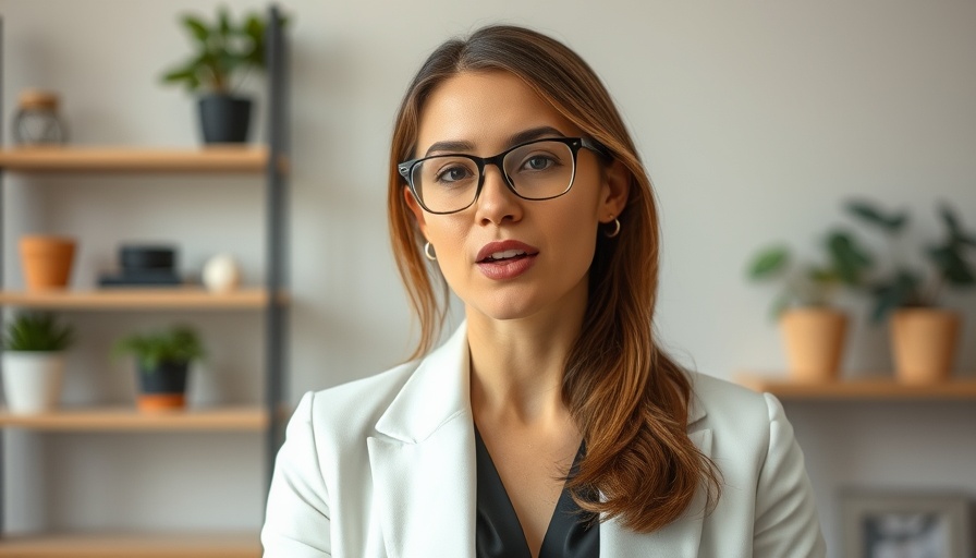 Professional woman discussing protein-dense lower fat foods indoors.