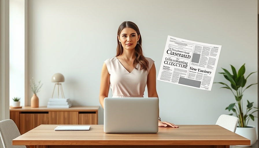 Confident businesswoman with laptop and newspaper, content syndication concept.