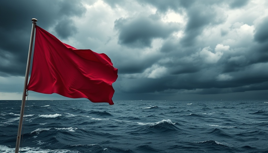 Stormy ocean with red flag, related to drone cloud-seeding safety.