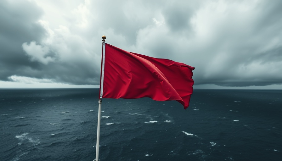 Dramatic storm scene with a warning flag over the ocean, highlighting drone cloud-seeding safety concerns.