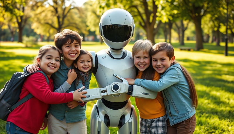 AI investment for children's future: Kids embrace robot friend in sunny park.