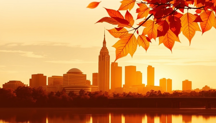 Columbus skyline with autumn leaves overlay, artistic cityscape