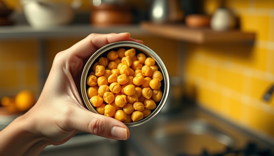 Open can of chickpeas held over kitchen counter.