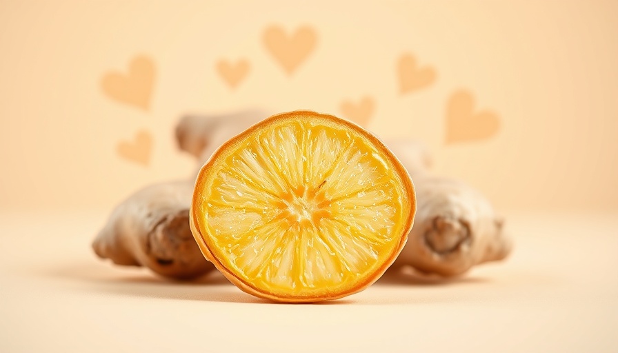 Ginger slice with heart symbols for health benefits.