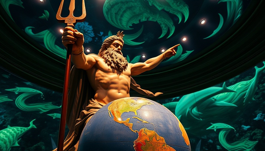 Majestic Poseidon statue at COSI exhibit, plan your visit today.