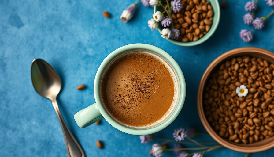 Chicory coffee setup with mug, granules, and flowers, blue background
