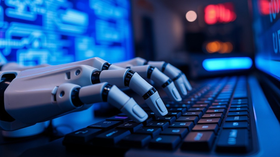 Robotic hands typing on a keyboard, symbolizing AI risks for small businesses.