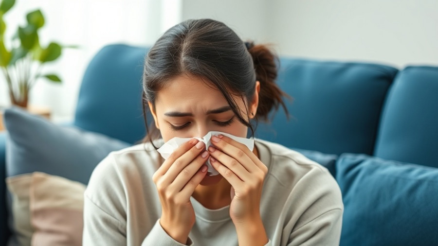 Young woman with a nosebleed using tissue on a blue couch, illustrating vitamin deficiencies.