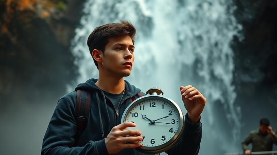 Focused man with clock at waterfall, Spending Money to Save Time concept.