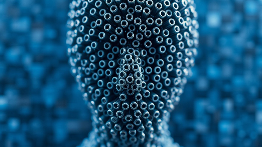 Abstract AI face made of cylindrical pegs, representing AI safety advocacy.