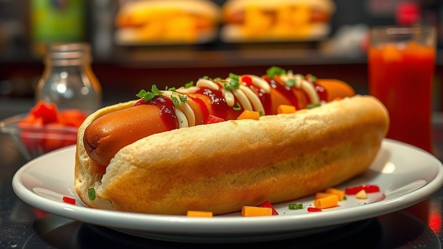 Delicious hot dog with condiments, showcasing Columbus food scene in a vibrant diner.