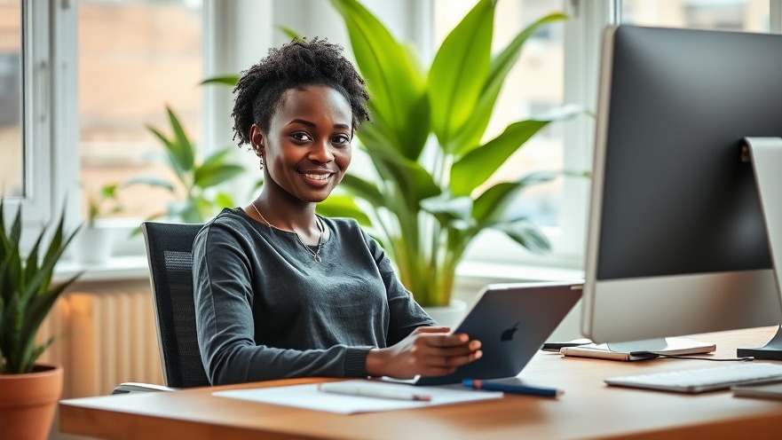Young woman in a bright home office, exploring remote work opportunities with modern tech.
