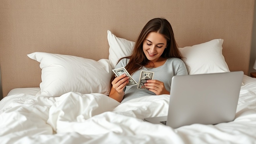 Young woman counting cash in cozy bedroom, a perfect scene for selling items for cash.