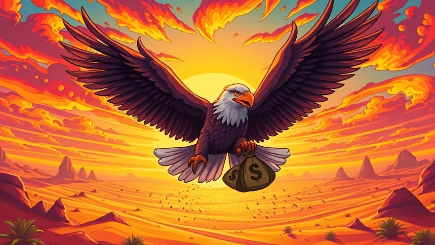 Surreal eagle with money bags symbolizes financial independence, soaring in a vibrant sunset.