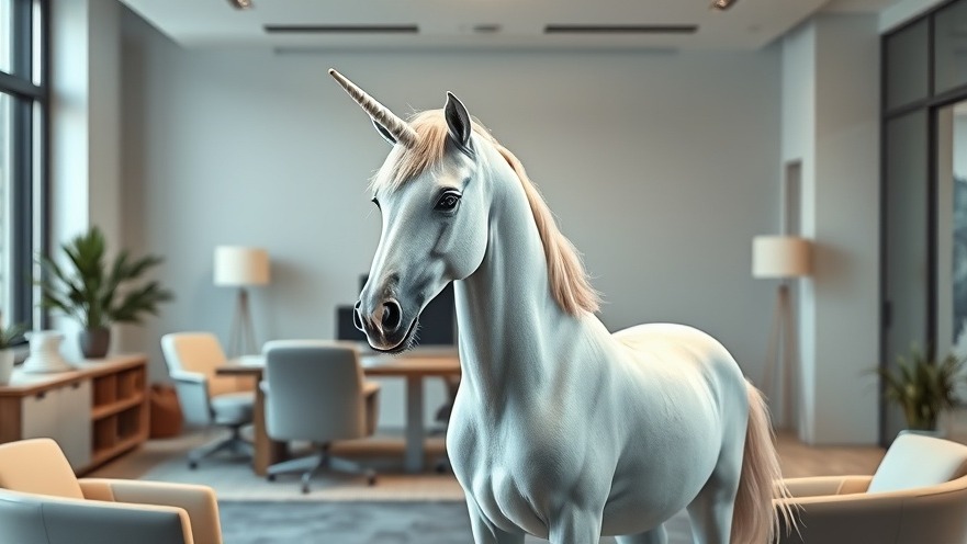 Photorealistic unicorn in a modern office, symbolizing unicorn startup ideas.
