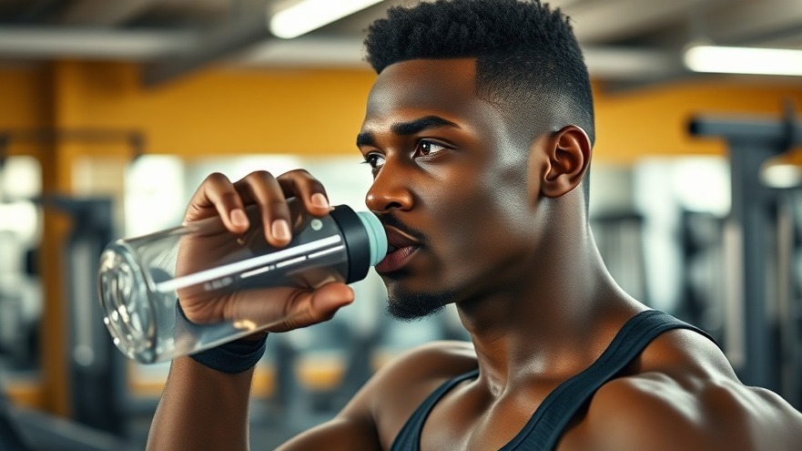 Athletic man drinking water, focused expression in gym.