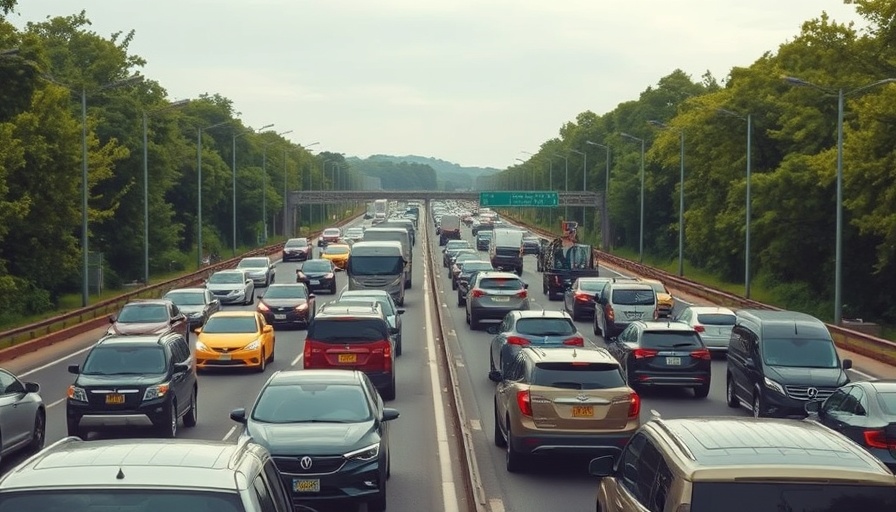 Rising Commute Times depicted by heavy highway traffic.
