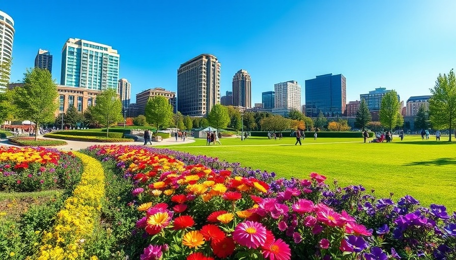 Vibrant Columbus Commons with flowers and cityscape under a sunny blue sky.
