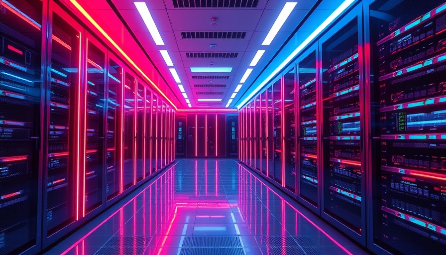 Futuristic data center campus Millersport hallway with neon digital lines.