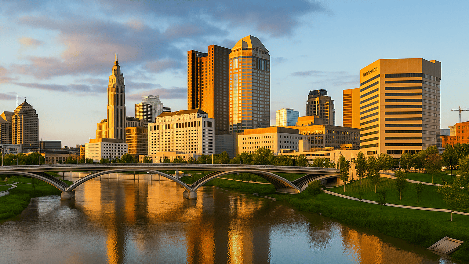 Columbus skyline at sunset, Forbes Under 30 Summit Columbus backdrop.