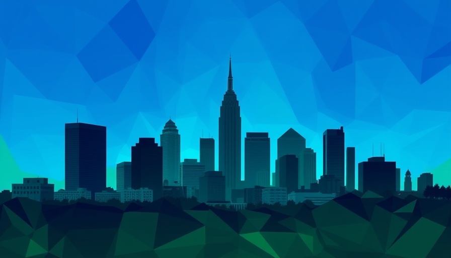Abstract polygonal Columbus skyline with geometric blue and green background.