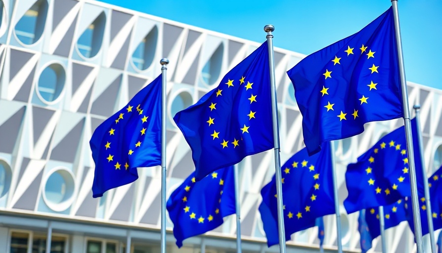 European Union flags waving in front of a modern building.