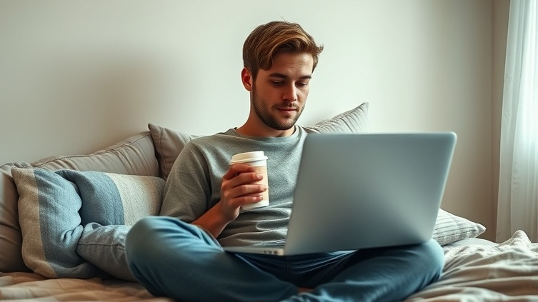 Casual home workspace with laptop on bed, relaxing and working to make more money and work less.