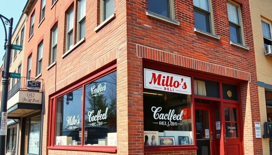 Milo's Deli storefront in Franklinton, vintage brick building under blue sky.